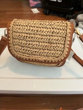 Urban Expressions Natural Straw Crossbody with Tan Trim